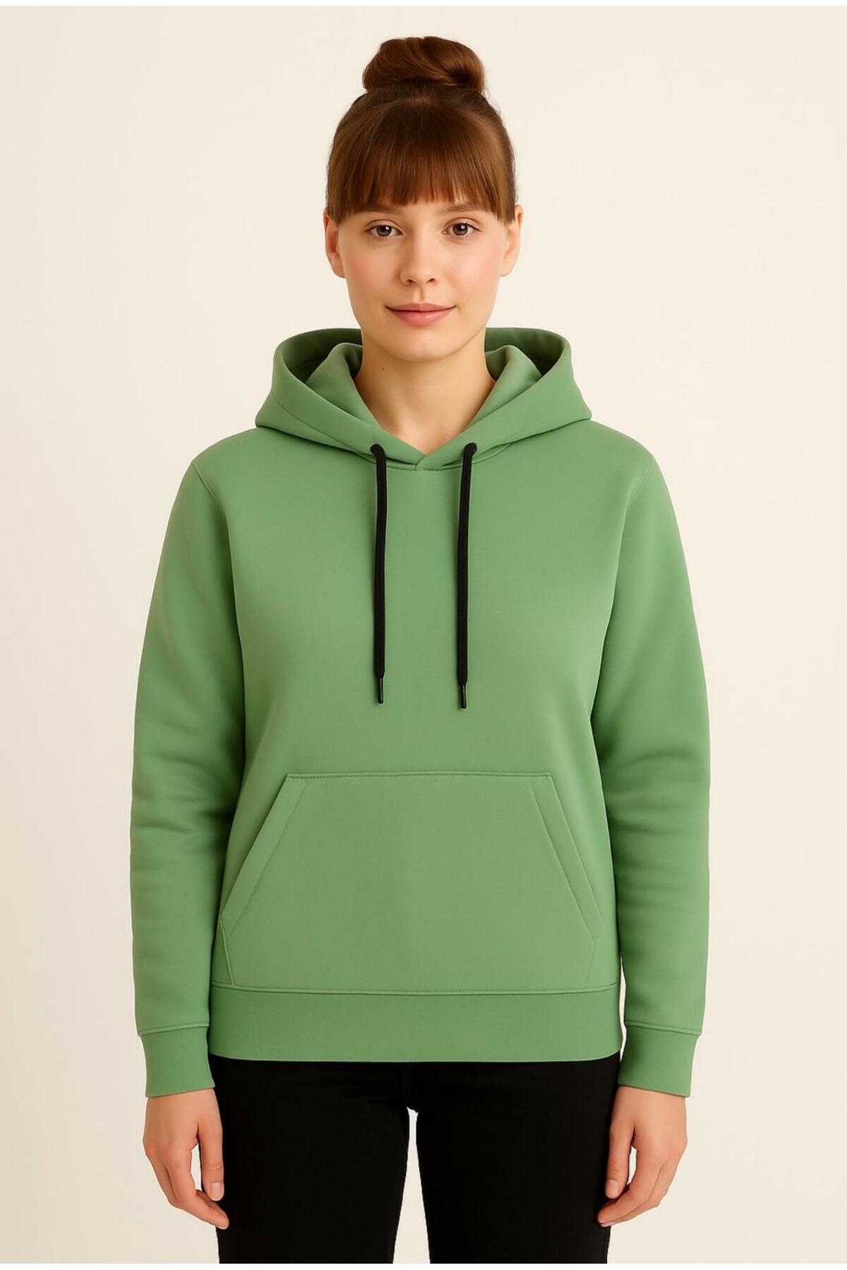 Kadın 3 İplik şardonlu Kapüşonlu Sweatshirt-W1108-K