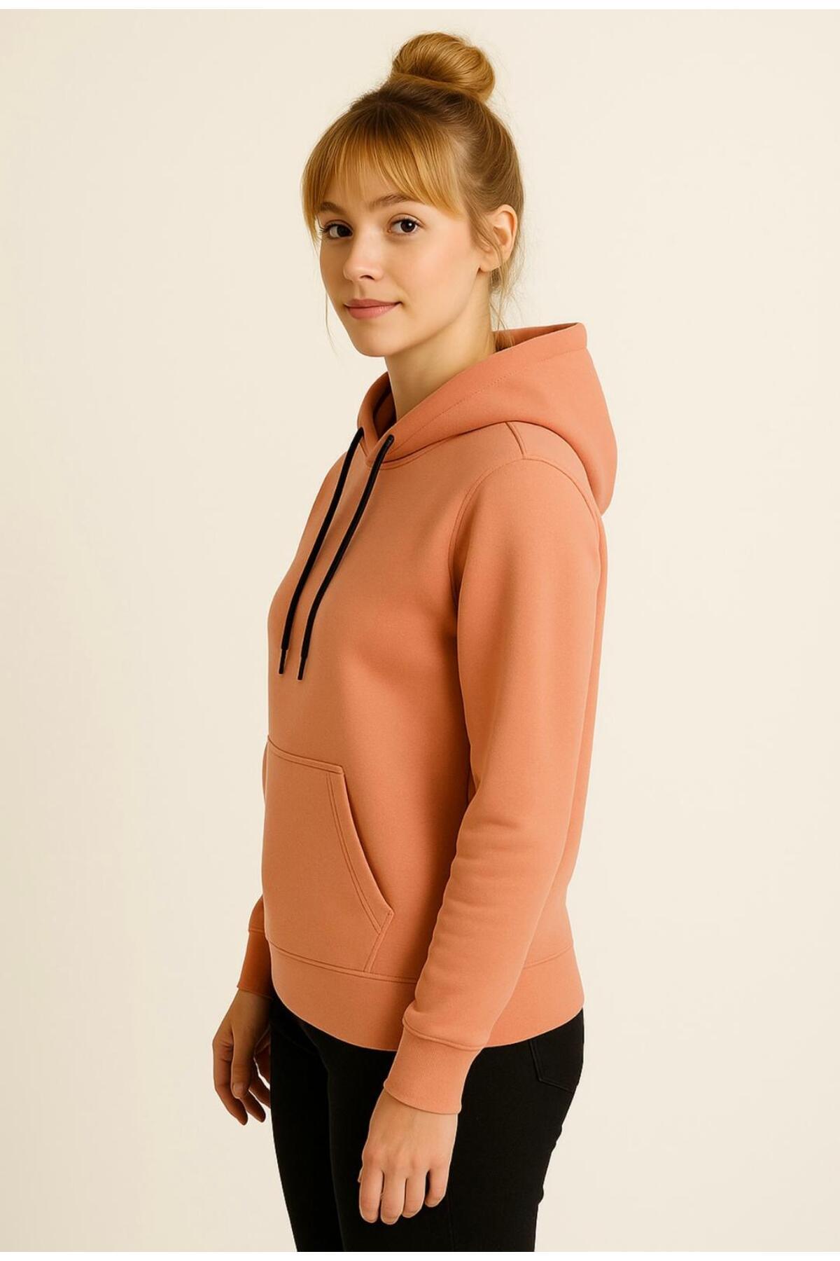 Kadın 3 İplik şardonlu Kapüşonlu Sweatshirt-W1108-K